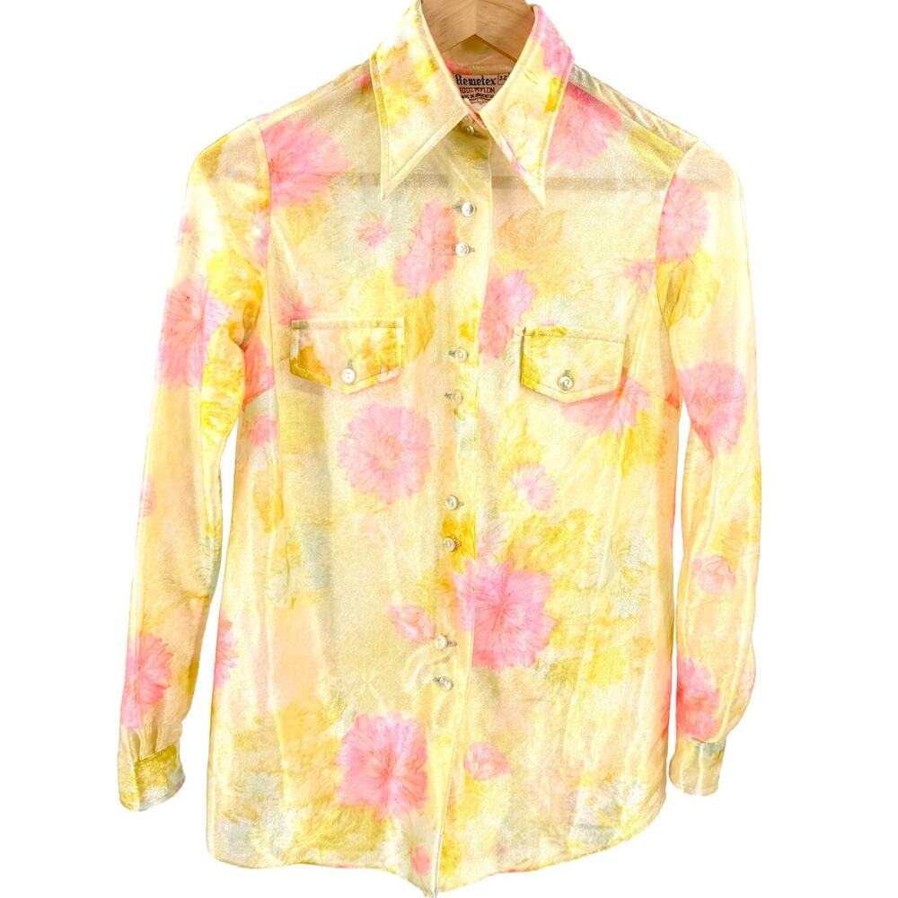 Vintage 70s Yellow Pink Floral Iridescent Dagger Collar Disco Shirt